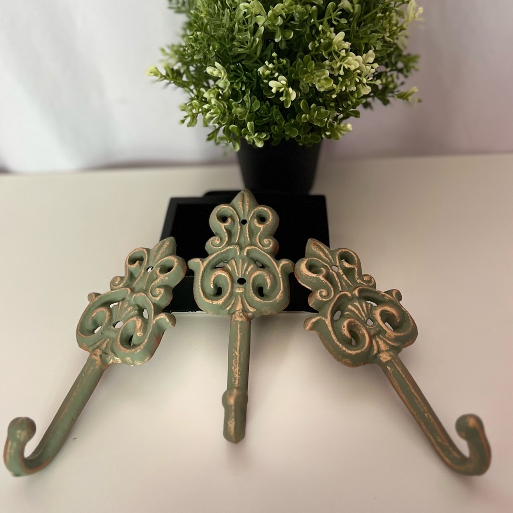 3 New Hand painted Green Gold Accent Hooks Bags Keys Wall cast Iron Heavy Rustic